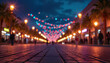 © Janis - Vibrant street with colorful lights at dusk, festive atmosphere for holiday promotions