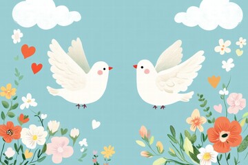 Aufkleber - Two white birds surrounded by colorful flowers and hearts in a serene landscape with blue sky and clouds. Generative AI