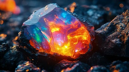 Wall Mural - A close-up of a vibrant opal stone reflecting rainbow colors amidst dark rock.
