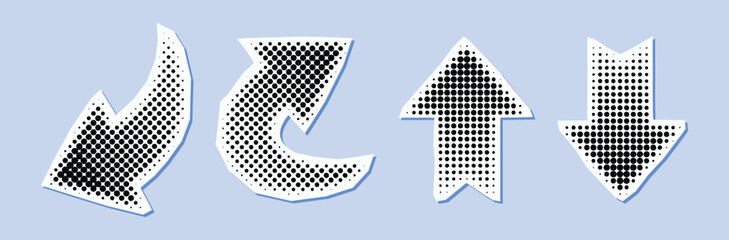 bold arrow halftone icon trendy retro collage vector element design illustration set isolated in blu