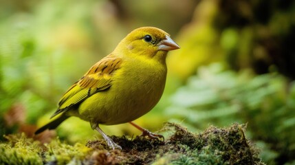  A small yellow bird perched on a moss-covered ground
