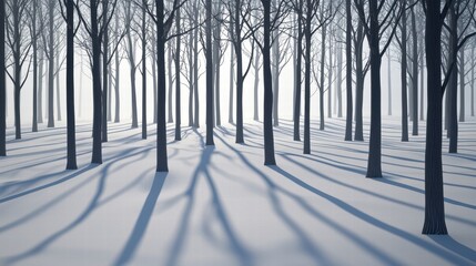 Wall Mural - Serene minimalist winter forest shadows on pristine snow