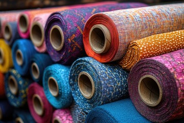 Poster - A pile of textile rolls with vibrant colors and patterns, ideal for decoration or crafting projects