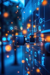 Wall Mural -  Smart lock glowing with network connections in futuristic blue and orange light. Symbolizes secure technology, IoT, and innovation in modern home or digital security systems.
