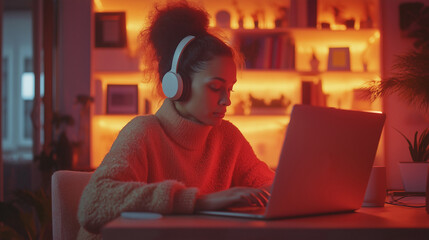 Sticker - woman in a home office, wearing noise-canceling headphones and typing on a laptop, with a smart thermostat on the wall