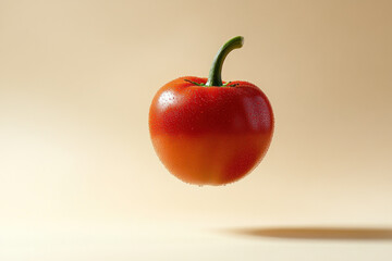 Wall Mural - Red pepper with vibrant green stem on a wooden cutting board.