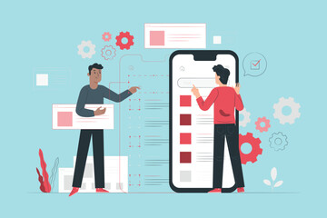 mobile app development testing illustration of developers working on a smartphone app, representing 