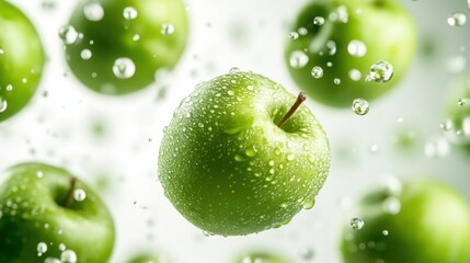 Wall Mural - Fresh Green Apples with Water Droplets and Splash Effect