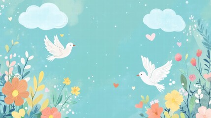 Poster - Colorful illustration of birds flying over a vibrant garden with flowers and clouds in a tranquil setting. Generative AI