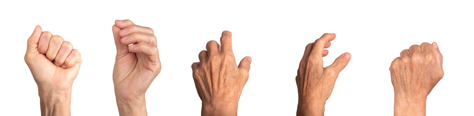 Wall Mural - Elderly caucasian female hand reaching with wrinkled skin, palm and fingers in a grasping or clutching gesture, dorsal view showing expressive motion. Isolated on white background.