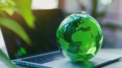 A laptop computer with a green globe on its top, perfect for environmental or tech-related projects