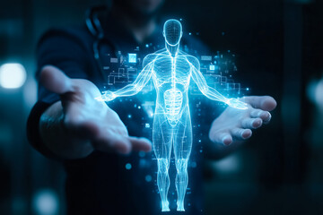 A doctor carefully examines a virtual x-ray projection with focused attention. The integration of advanced technology in medical diagnostics. Generative AI.