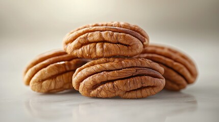 Wall Mural - Stacked pecans, marble surface, food photography.