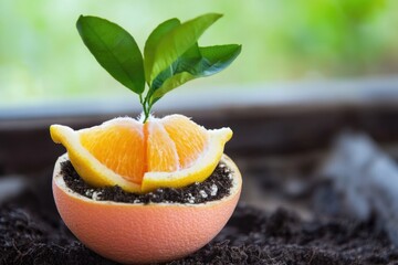 Poster - A small orange sits atop a mound of dirt, potentially used as a decorative or illustrative element