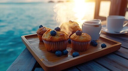 blueberry muffin on table with beautiful sunset dreamy seascape, blue water gold sky summer holiday