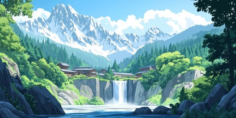 Wall Mural - Mountain Village Waterfall Scenic Landscape Painting