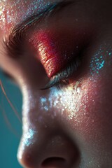 Wall Mural - Close-up shot of a person's face with glitter eye makeup
