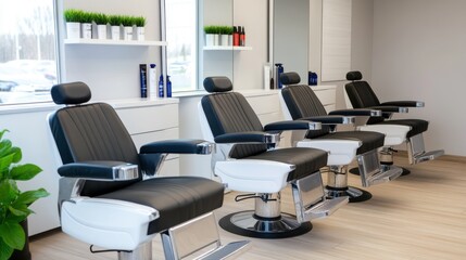 Wall Mural - Modern Barber Shop Interior with Stylish Chairs and Bright Natural Light