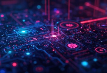 Fototapete - A close-up view of a circuit board with various electronic components and wires.