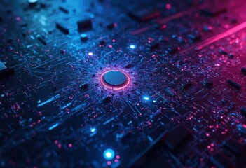 Poster - Futuristic Electronic Circuit Board with Glowing Lights