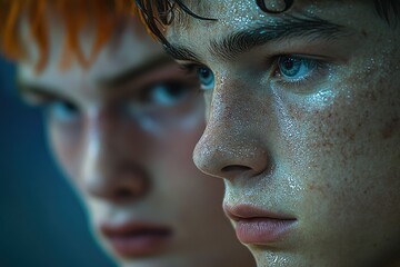 Wall Mural - Portrait of two young men with bright blue eyes, focus on facial features