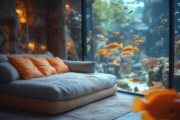 Wall Mural - A warm and inviting living space with comfortable furniture and a colorful fish tank