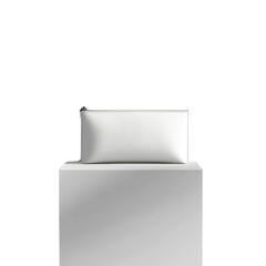 Poster - A pristine white leather clutch sits on a simple white cube against a stark white background, creating a minimalist product display.
