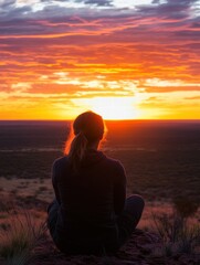 Poster - Traveler admires stunning sunset over vast landscape, reflecting on the beauty of nature. Generative AI