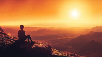 Poster - Traveler enjoys stunning sunset over vast desert landscape creating a moment of reflection and peace. Generative AI