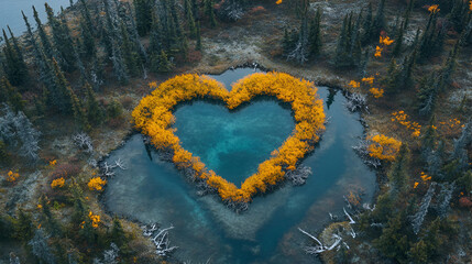 Sticker - Heart-shaped lake, autumn foliage, aerial view, wilderness