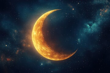 Wall Mural - Golden crescent moon, starlit night sky.