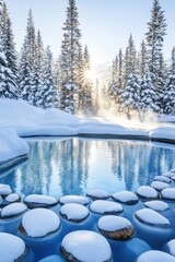 Wall Mural - Steam rises from a tranquil hot spring bath surrounded by snow-dusted rocks and sunlit pine trees in winter scenery