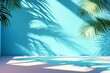 © Ace64 Studio - minimalist concept with palm leaves casting shadows on a blue wall and pastel floor creating a summer tropical beach background in an empty room ideal for product placement