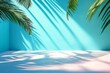 © Ace64 Studio - minimalist concept with palm leaves casting shadows on a blue wall and pastel floor creating a summer tropical beach background in an empty room ideal for product placement