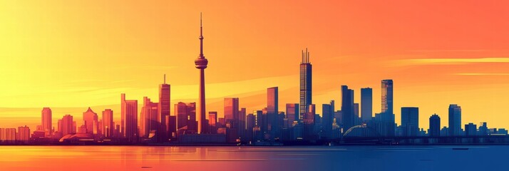 Leinwandbilder - Urban skyline at sunset showcasing iconic towers and bridges in a vibrant cityscape. Generative AI