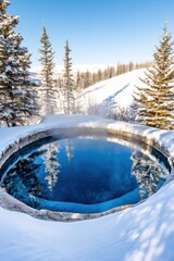 Wall Mural - Discovering tranquility at a serene hot spring surrounded by snow-covered mountains and tall pine trees on a crisp winter day