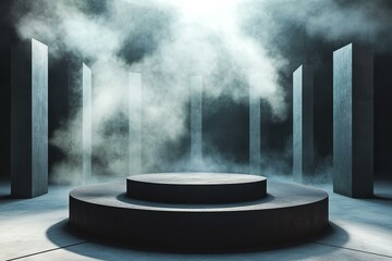 Wall Mural - black podium stands in a dramatic empty room with a foggy smoky background creating a striking and abstract stage for product display