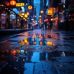 Wall Mural - Rainy night street, city lights reflected in puddles.