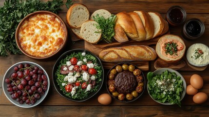 Wall Mural - A vibrant spread of various dishes and breads on a wooden table.