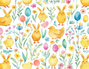 Naklejka na meble Vibrant Easter pattern, dynamic illustration with cute rabbits, eggs, and blooming daffodils, bright pastel palette, stylized for a festive yet modern holiday theme, seamless and cheerful vibe.