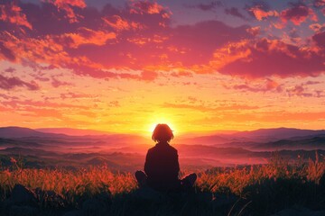 Poster - Traveler enjoys a stunning sunset while seated on a grassy hill at dusk near serene mountains. Generative AI