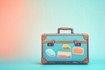 Aufkleber - Retro suitcase adorned with colorful travel stickers against a stylish pastel backdrop evokes wanderlust and exploration. Generative AI