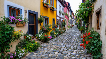 A vibrant cobblestone street in a European old town, featuring colorful facades and blooming flower boxes in warm afternoon light.