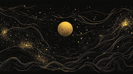 Wall Mural - Celestial Waves Golden Moon And Starscape