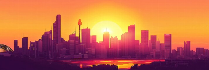 Aufkleber - Urban skyline at sunset with towers and bridges creating a stunning silhouette in a vibrant orange sky. Generative AI