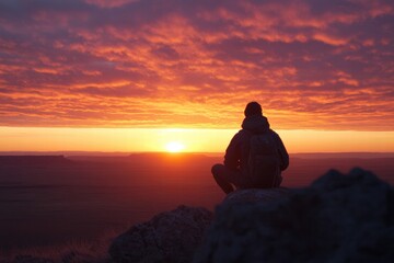 Poster - Traveler gazing at a breathtaking sunset over a vast landscape with colorful clouds painted by the setting sun. Generative AI