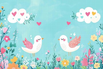 Aufkleber - Colorful illustration of birds and flowers under a blue sky with hearts and clouds. Generative AI