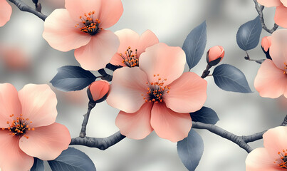 Sticker - Pink blossom branch, spring garden, blurred background, print design