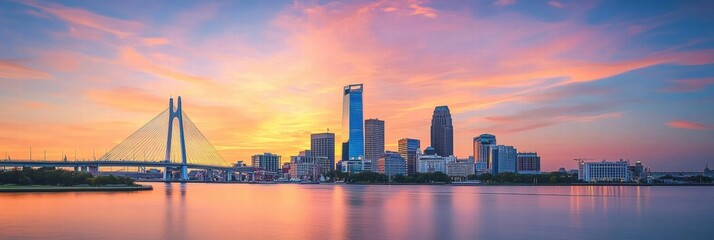 Fototapete - Urban skyline at sunset showcasing iconic towers and bridges with vibrant colors reflecting on calm water. Generative AI