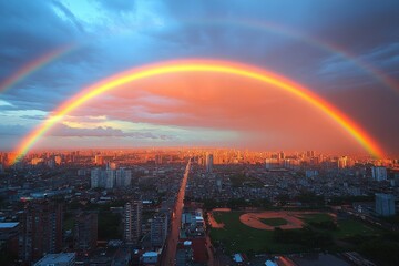 Canvas Print - Double rainbow over sprawling city at sunset.